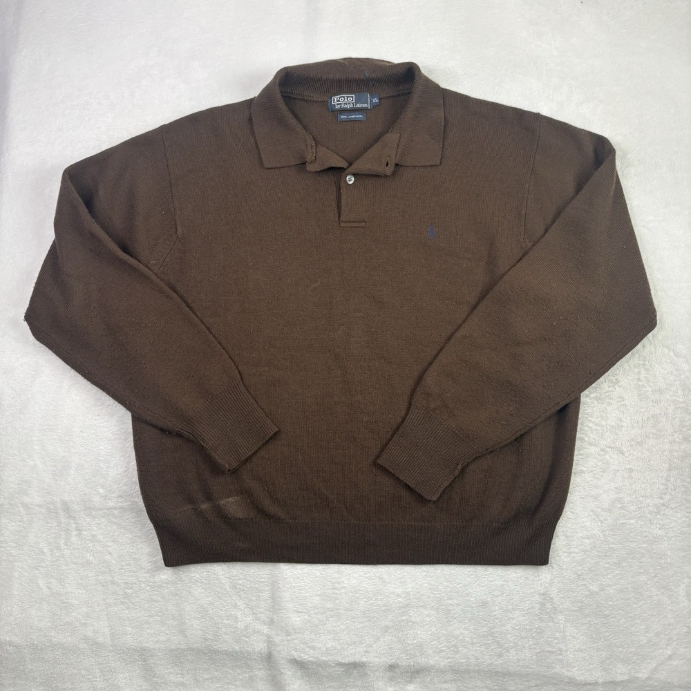 VTG Polo Ralph Lauren Brown Collared Long Sleeve Lambswool Sweater Men's XL